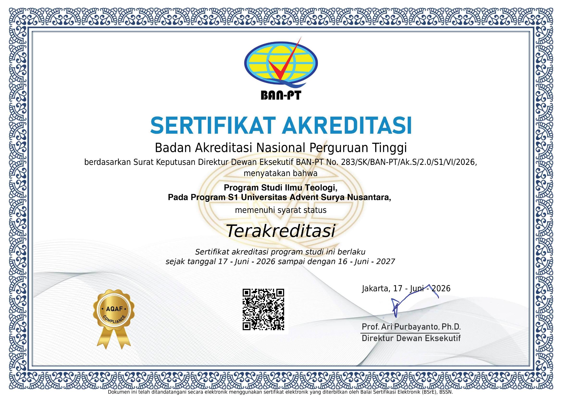Sertifikat Akreditasi Ilmu Teologi