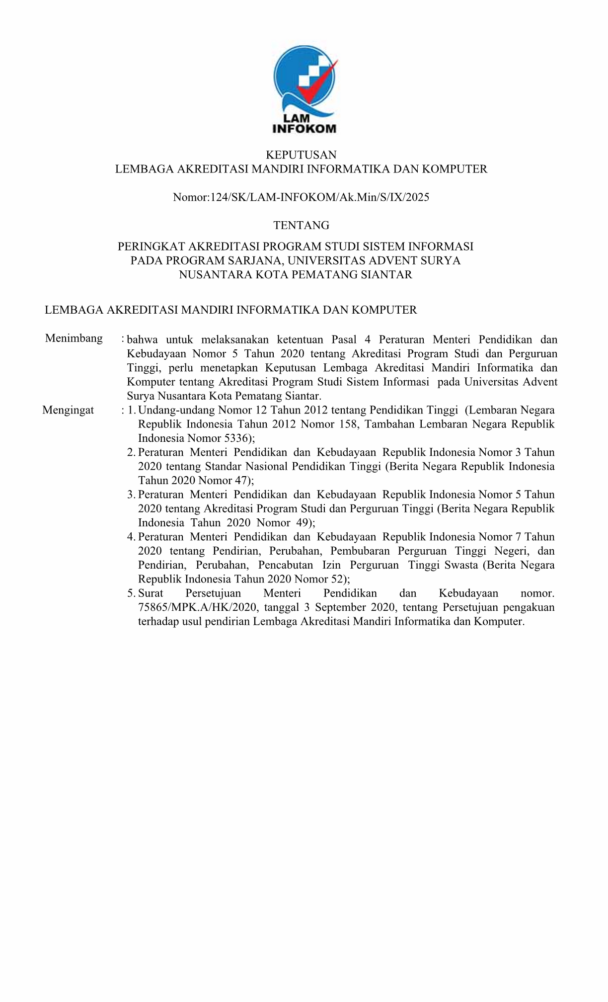 Sertifikat Akreditasi Akreditasi Sistem Informasi